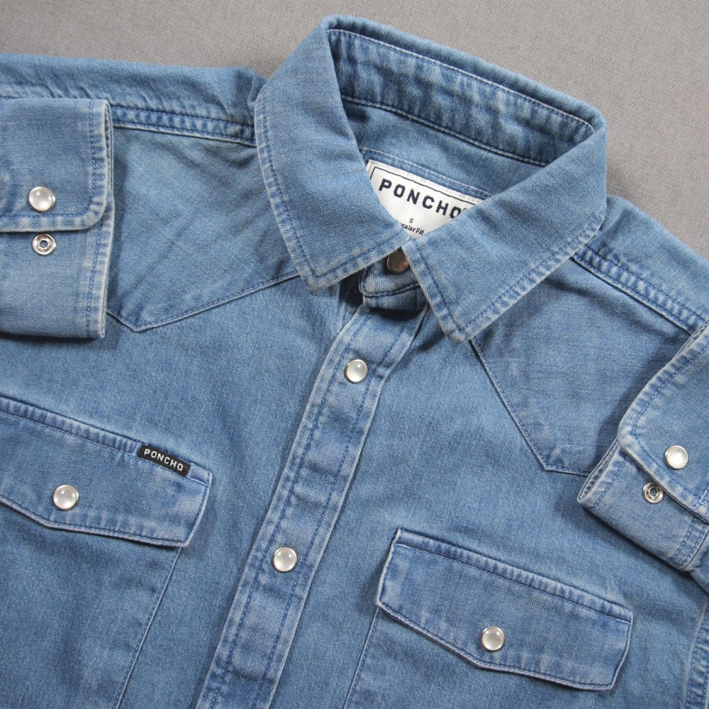 Poncho Shamry The Marfa Western Cowboy Pearl Snap Men Shirt S Two Pocket Denim